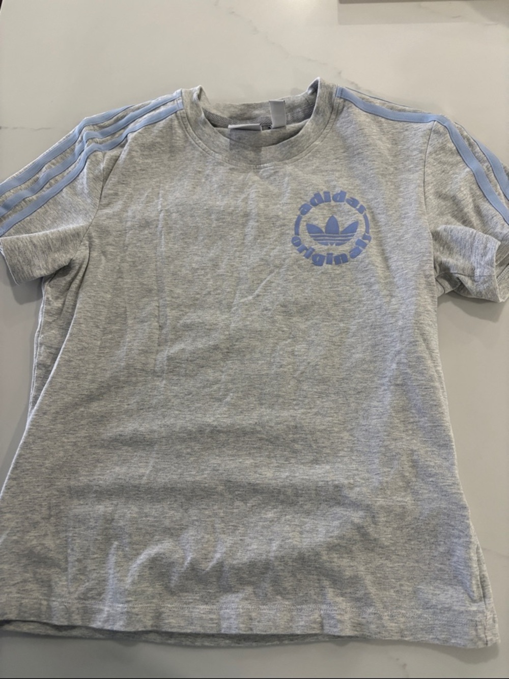 adidas Gray Short Sleeve Tee with Light Blue Trefoil and Stripes